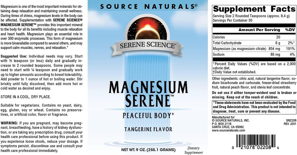 Source Naturals Serene Science Magnesium Serene, Peaceful Body*, Tangerine Flavored - 9 Ounce Powder
