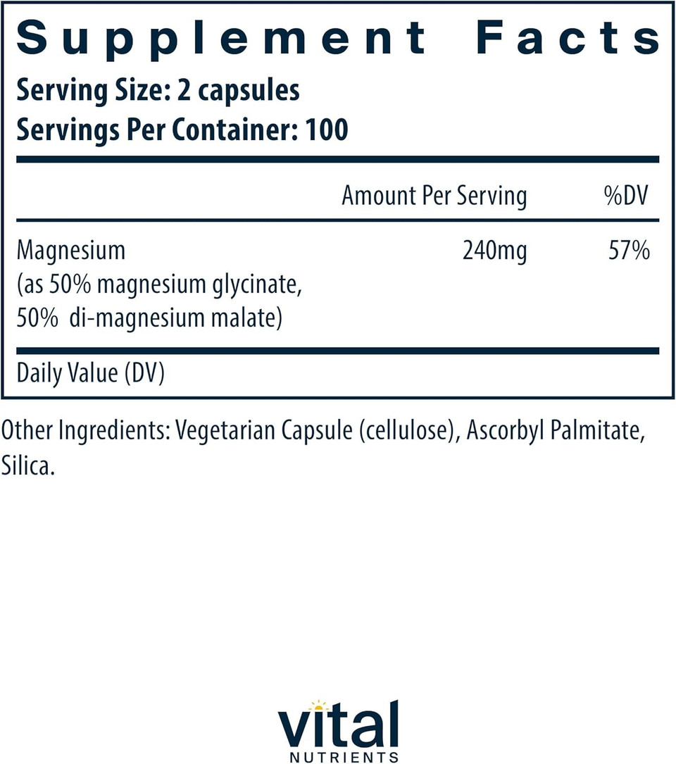 Vital Nutrients Magnesium Glycinate + Malate | 120Mg Vegan Magnesium Supplement For Women And Men | Muscle, Heart, Bone Support* | Promotes Relaxation | Gluten, Dairy And Soy Free | 200 Capsules