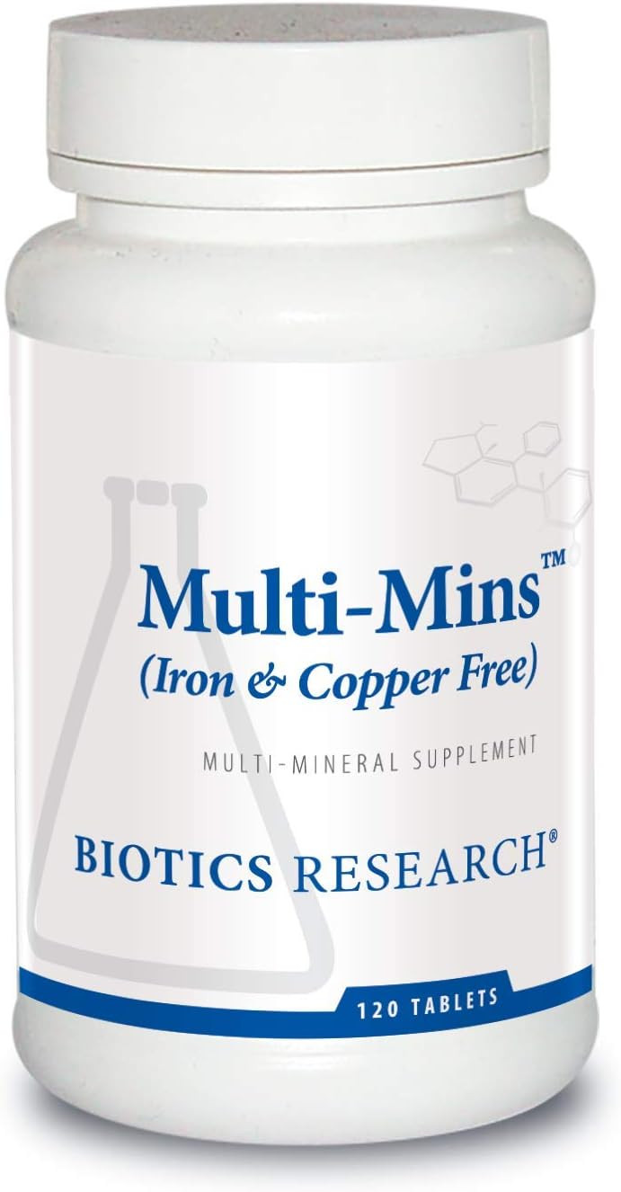 Biotics Research Multi Mins Iron And Copper Free Multi Mineral Complex, Balanced Source Of Mineral Chelates And Whole Food, Phytochemically Bound Trace Minerals, Easily Absorbed. 120 Tabs