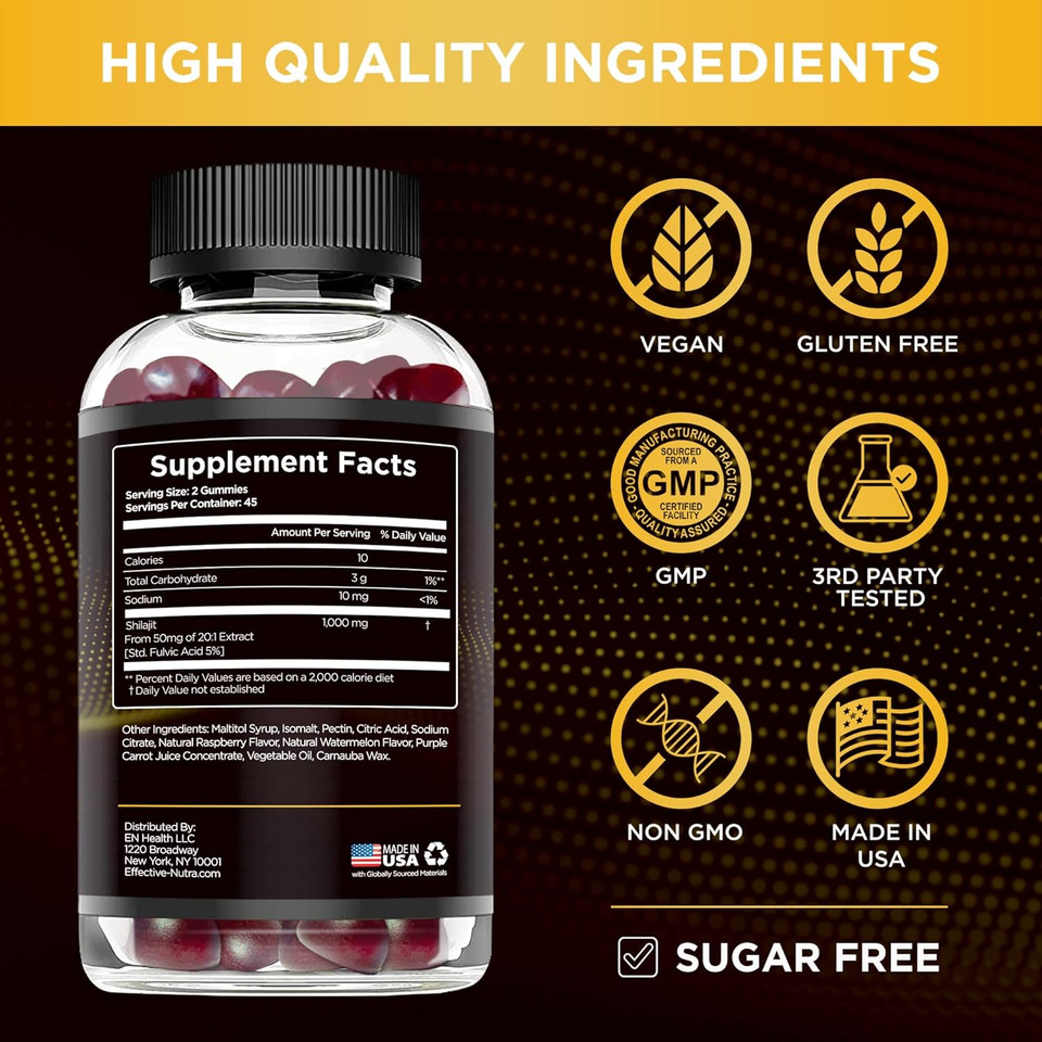 Shilajit Gummies 1000Mg Sugar Free - Pure Himalayan Shilajit Supplement For Men & Women - High In Trace Minerals & Fulvic Acid - Energy, Brain, Immunity - Natural Berry Flavor