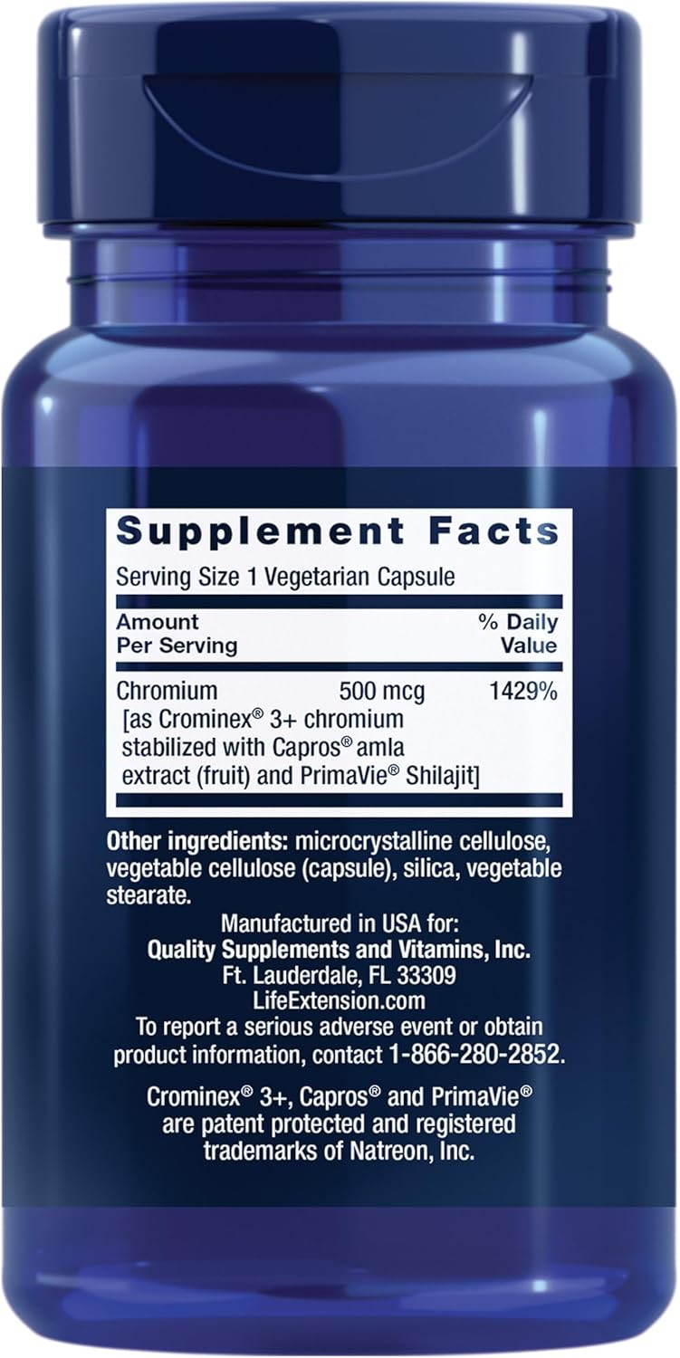 Life Extension Optimized Chromium With Crominex 3+ 500 Mcg, Metabolism Health, Healthy Balance, Vegetarian, Gluten Free, Non-Gmo, 500 Mcg, 60 Vegetarian Capsules