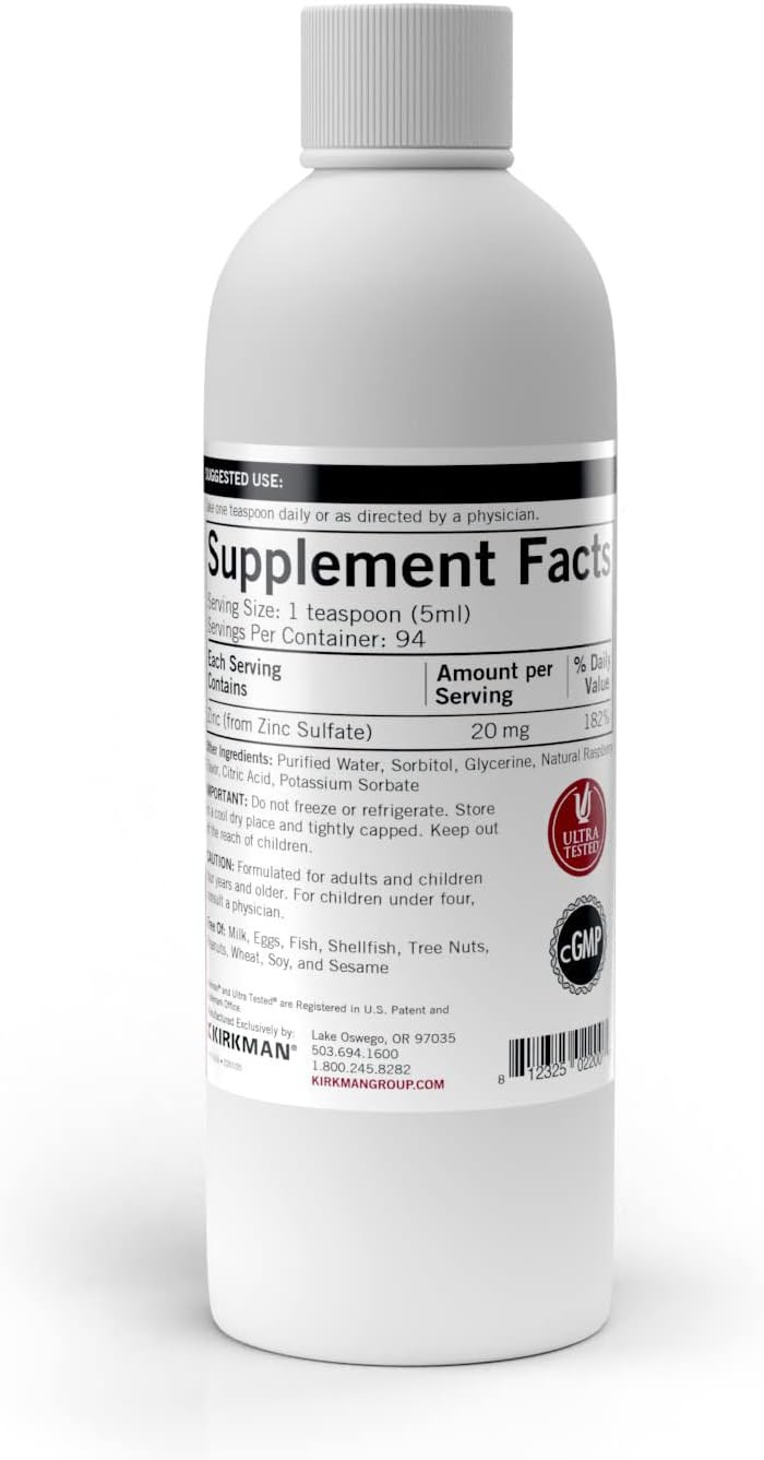 Kirkman  Zinc Liquid - New Formulation  16 Oz  Flavored With Natural Raspberry  Free Of Common Allergens