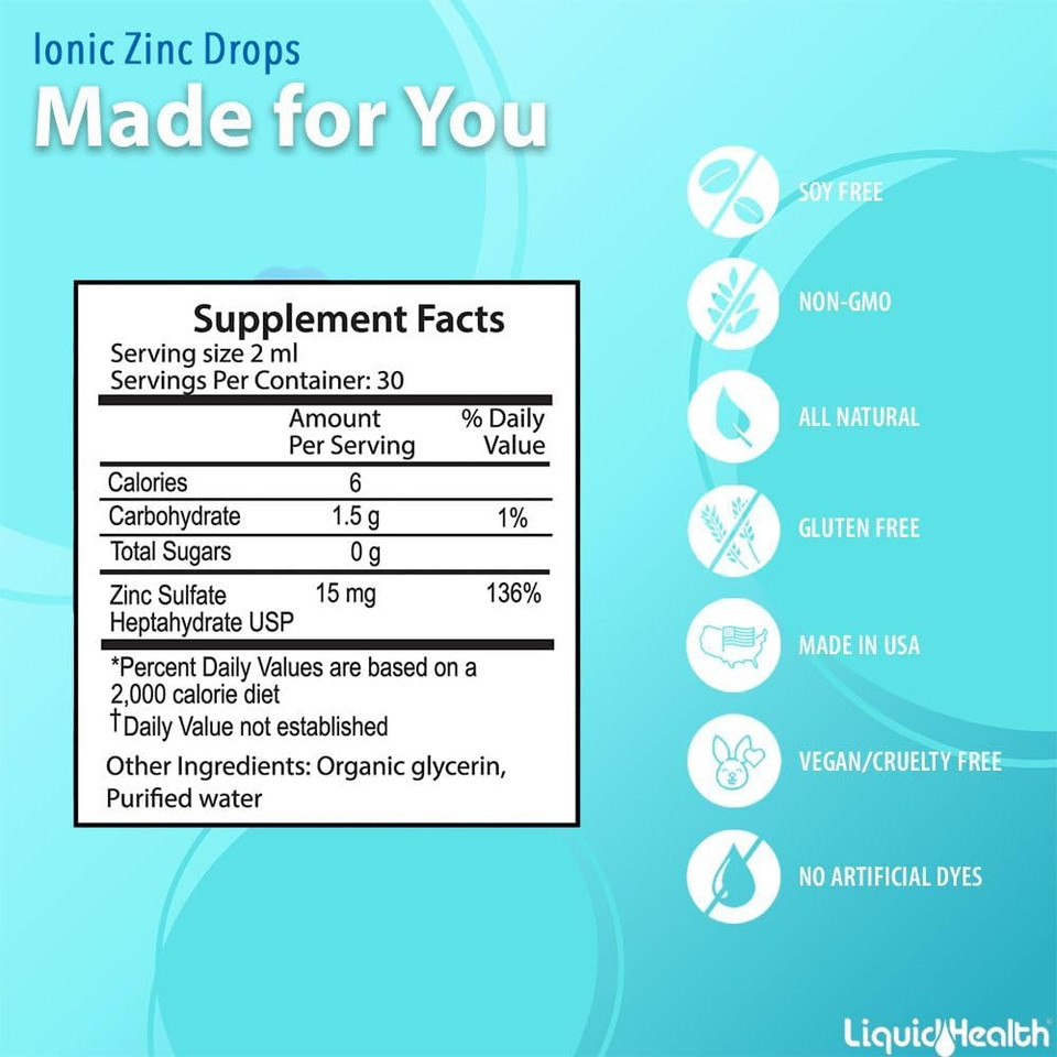 Liquidhealth Ionic Zinc 15Mg, 2 Oz Zinc Liquid, Pure Zinc Vitamin Drops, Liquid Vitamin Zinc Supplement, Zinc Sulfate Heptahydrate For Adults, Men & Women, Toddler Zinc For Kids 4 & Up (2 Pack)