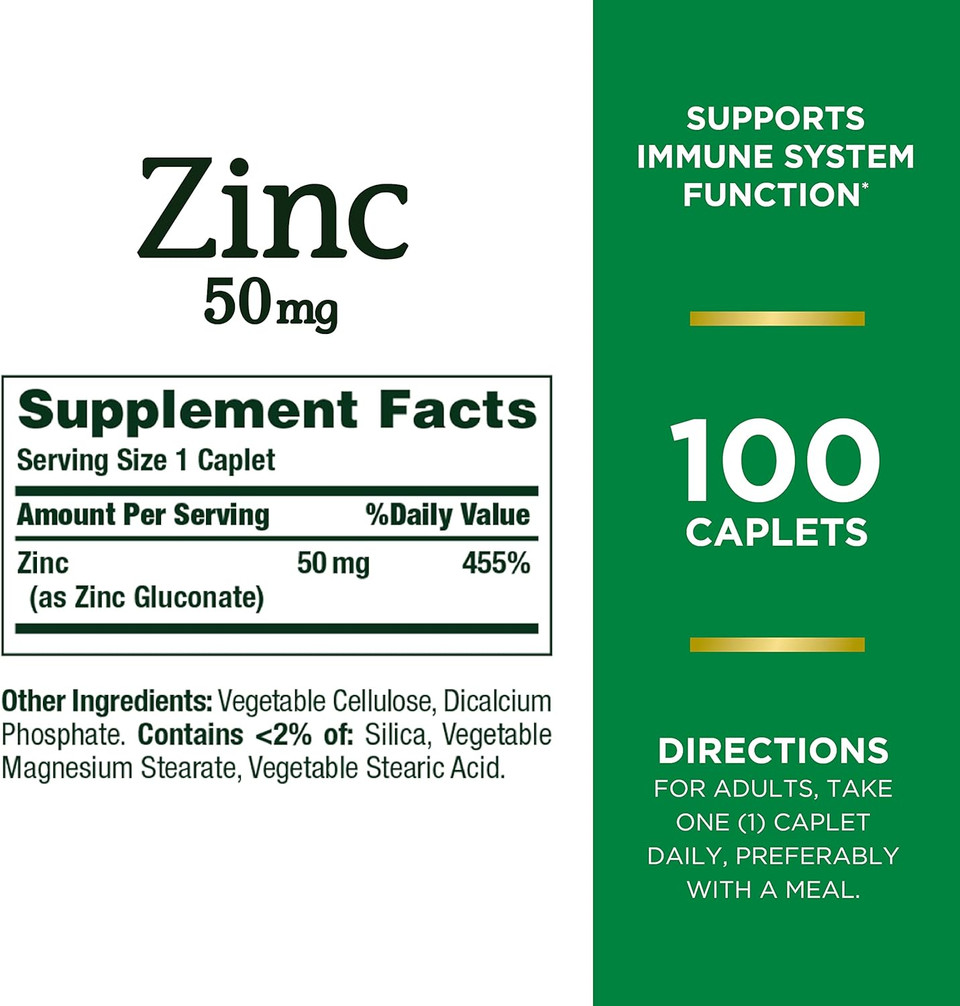 Nature'S Bounty Zinc, Supports Immune System Function, Dietary Supplement, 50 Mg, Caplets, 100 Ct