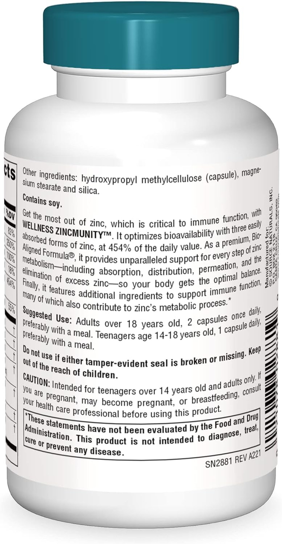 Source Naturals Wellness Zincmunity, Supports Zinc Absorption, Metabolism And Utilization For Immune Heath*, 50 Mg Zinc - 60 Vegetarian Capsules