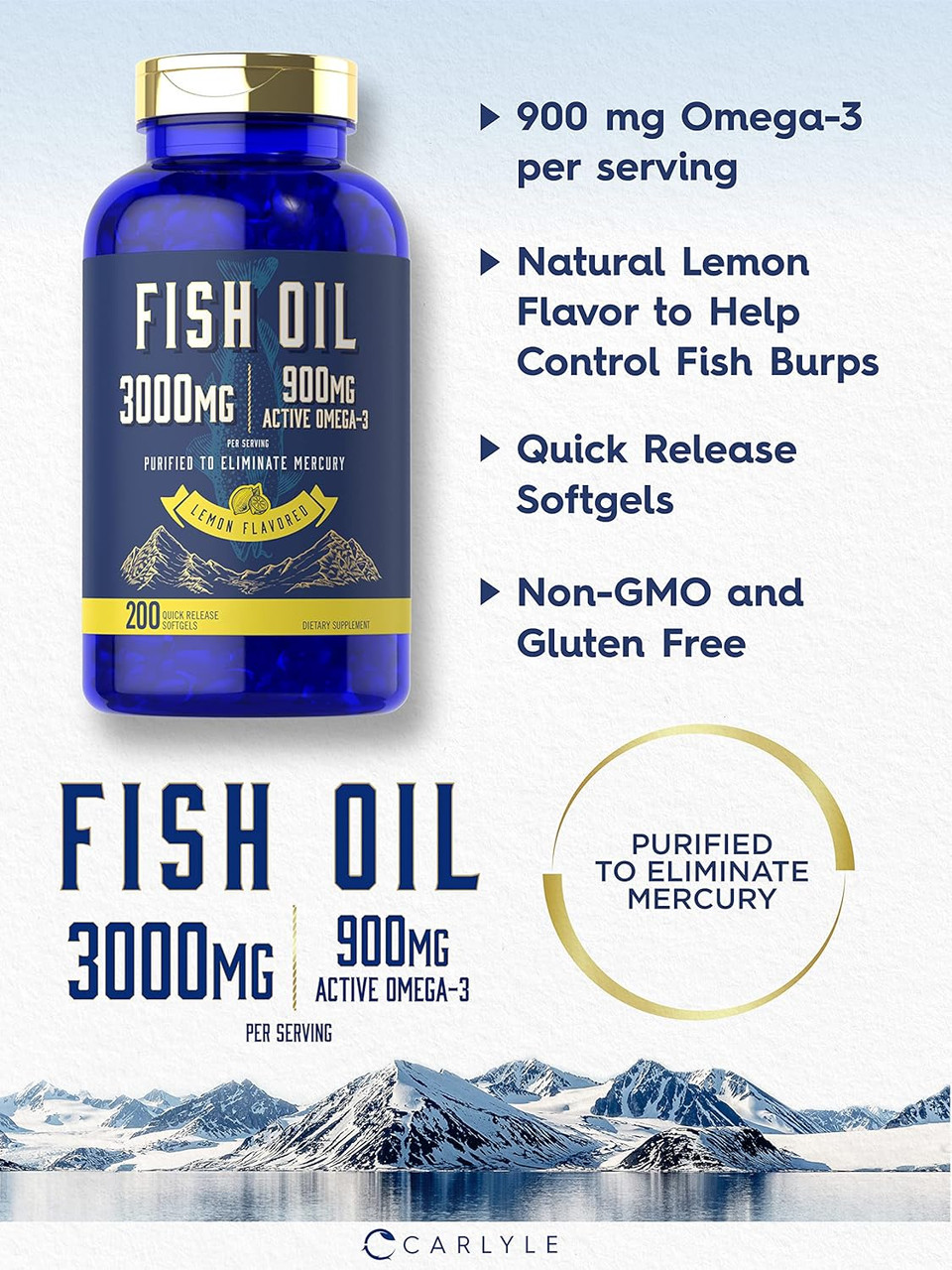 Carlyle Fish Oil 3000Mg | 900Mg Omega 3 | 200 Softgels | Lemon Flavor | Non-Gmo And Gluten Free Supplement