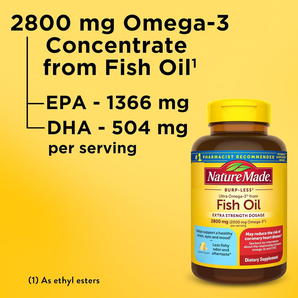 Nature Made Extra Strength Omega 3 Fish Oil 2800 Mg Per Serving, Fish Oil Supplements As Ethyl Esters, Omega 3 Supplement For Healthy Heart, Brain, Eyes, And Mood Support, 60 Softgels, 30 Day Supply Nature Made Extra Strength Omega 3 Fish Oil 2800 Mg Per Serving, Fish Oil Supplements As Ethyl Esters, Omega 3 Supplement For Healthy Heart, Brain, Eyes, And Mood Support, 60 Softgels, 30 Day Supply