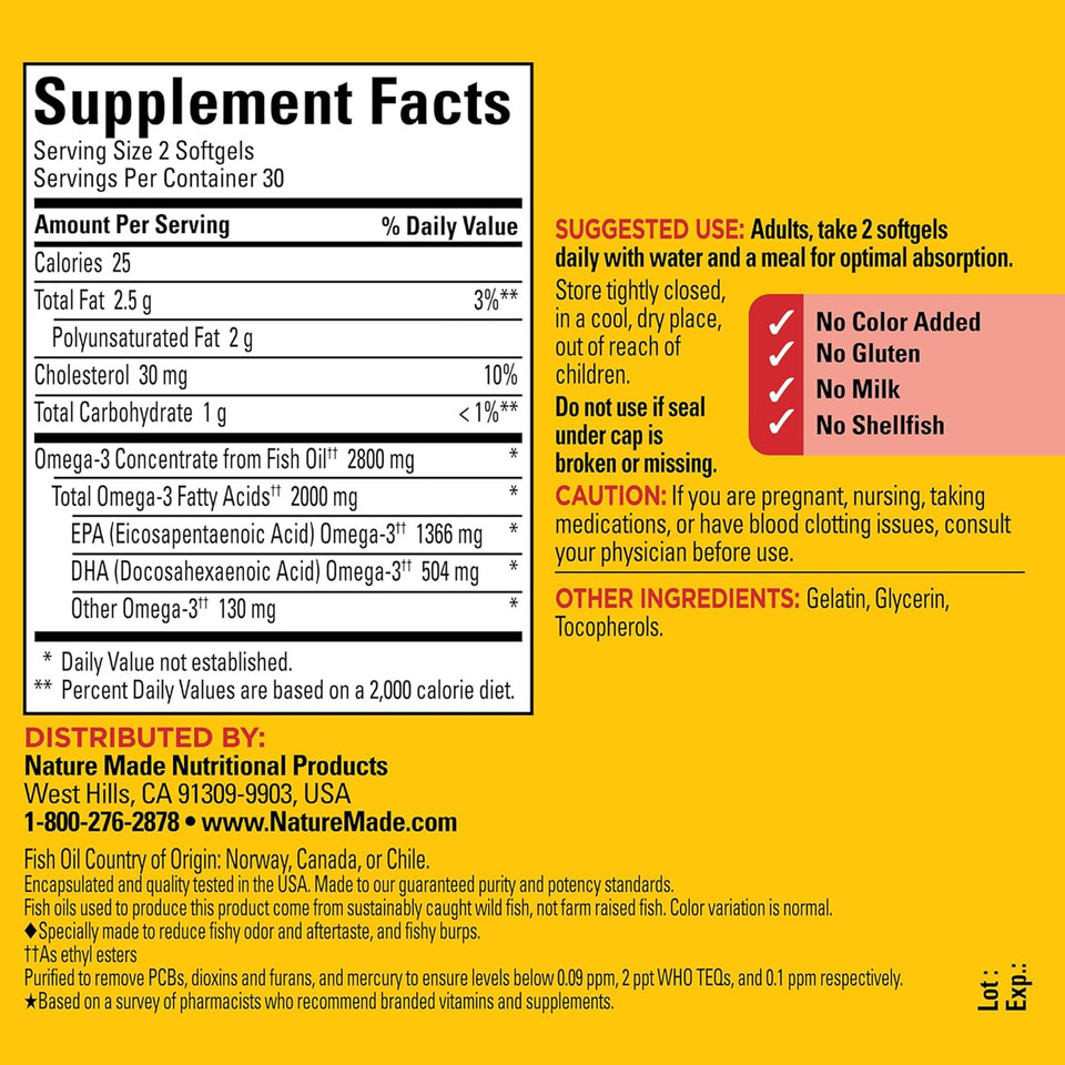 Nature Made Extra Strength Omega 3 Fish Oil 2800 Mg Per Serving, Fish Oil Supplements As Ethyl Esters, Omega 3 Supplement For Healthy Heart, Brain, Eyes, And Mood Support, 60 Softgels, 30 Day Supply Nature Made Extra Strength Omega 3 Fish Oil 2800 Mg Per Serving, Fish Oil Supplements As Ethyl Esters, Omega 3 Supplement For Healthy Heart, Brain, Eyes, And Mood Support, 60 Softgels, 30 Day Supply
