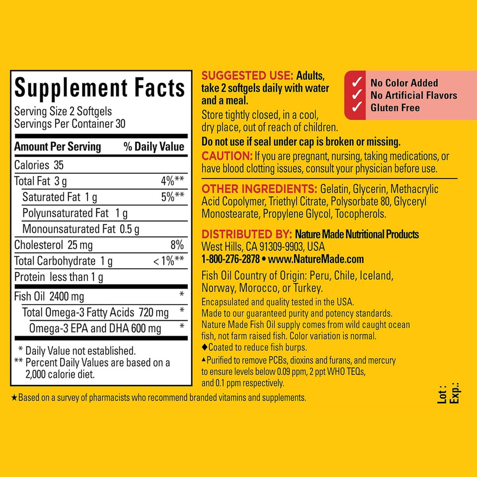Nature Made Burp Less Fish Oil 1200 Mg, Fish Oil Supplements, Omega 3 Fish Oil For Healthy Heart Support, Omega 3 Supplement With 60 Softgels, 30 Day Supply