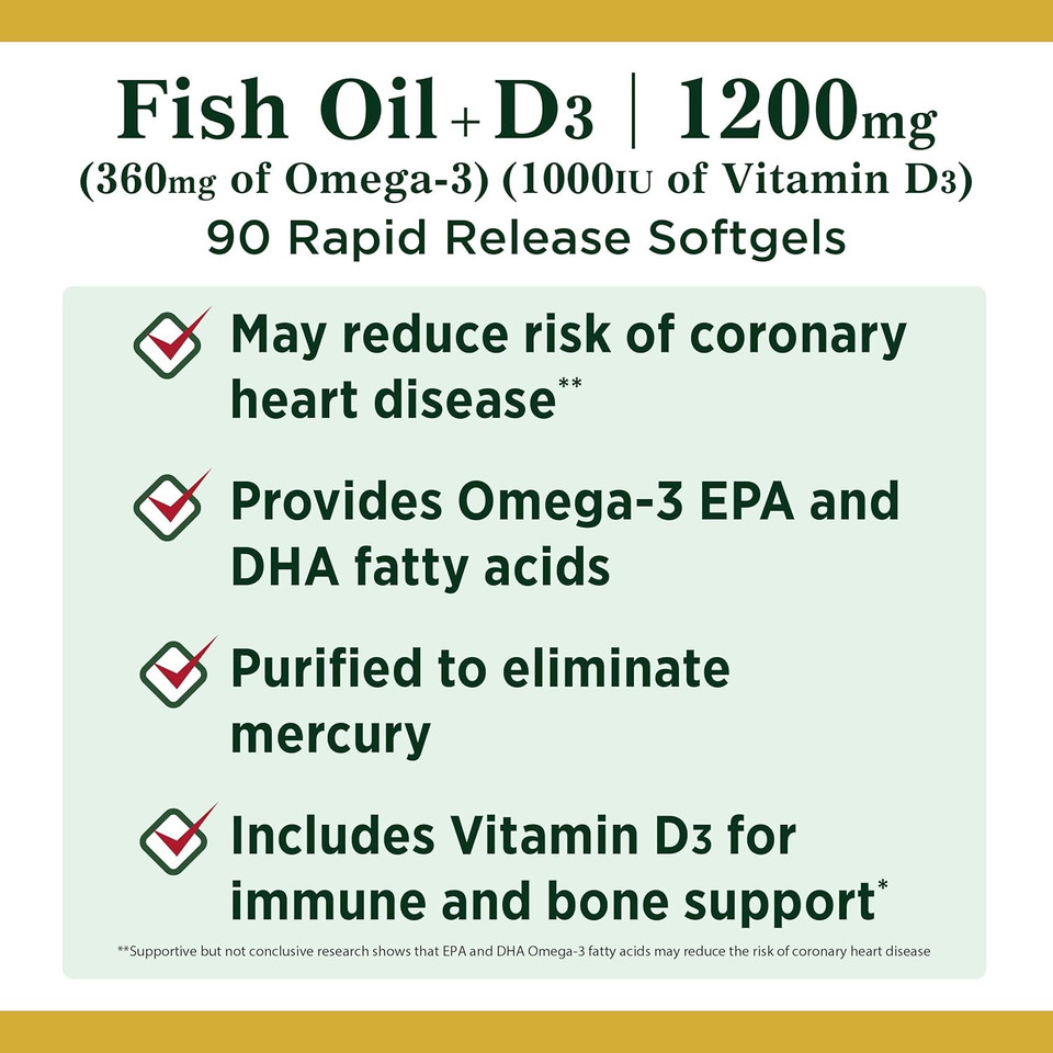 Nature'S Bounty Fish Oil Plus D3, Contains Omega 3, Immune Support & Supports Heart Health, 1200Mg Fish Oil, 360Mg Omega 3, 1000Iu Vitamin D3, 90 Softgels