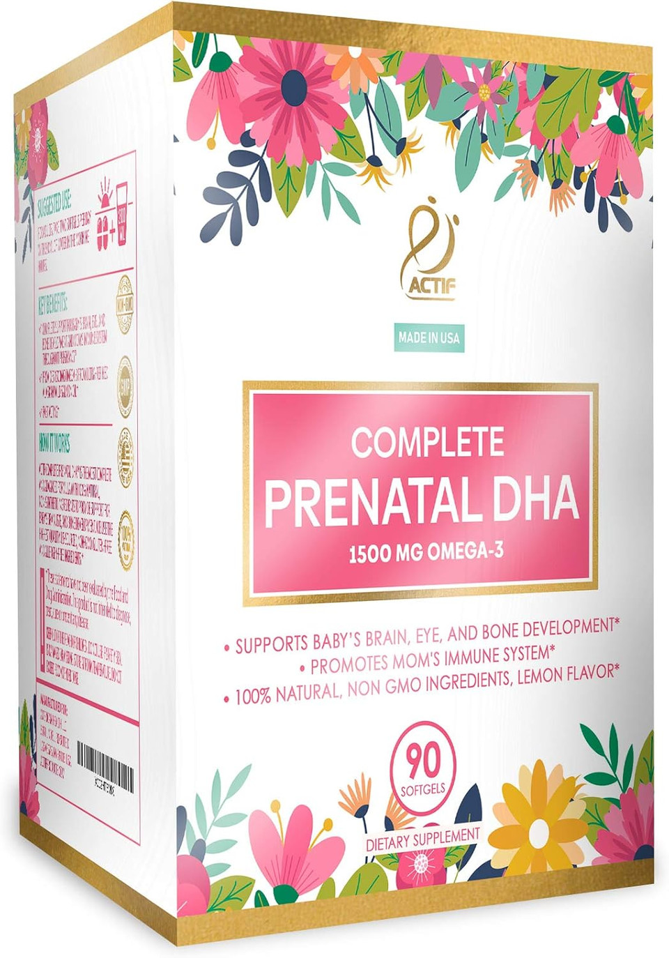 Actif Complete Prenatal Dha With 1500Mg Omega-3, 100% Natural, Organic Dha, Epa  Non-Gmo, 90 Count