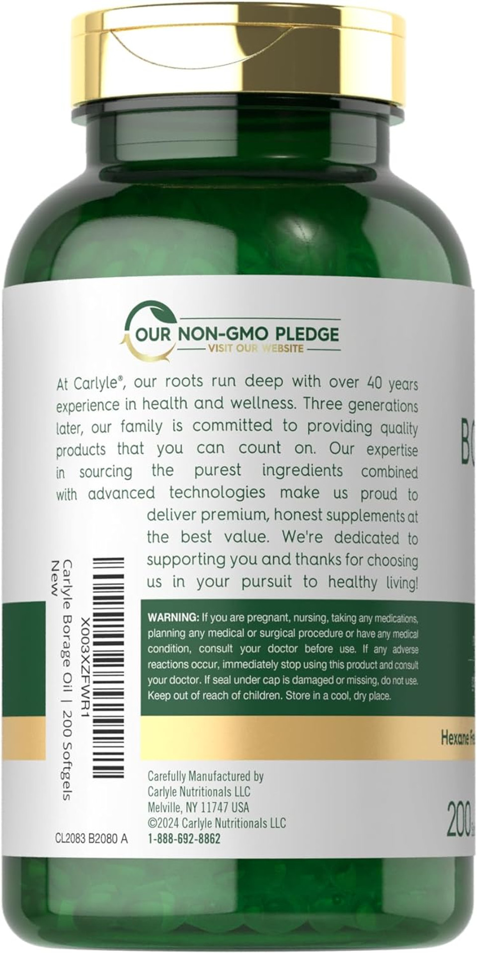 Carlyle Borage Oil Capsules | 2000Mg | 200 Softgels | 320Mg Of Gla | Cold Pressed Seed Oil Supplement | Hexane Free | Non-Gmo & Gluten Free