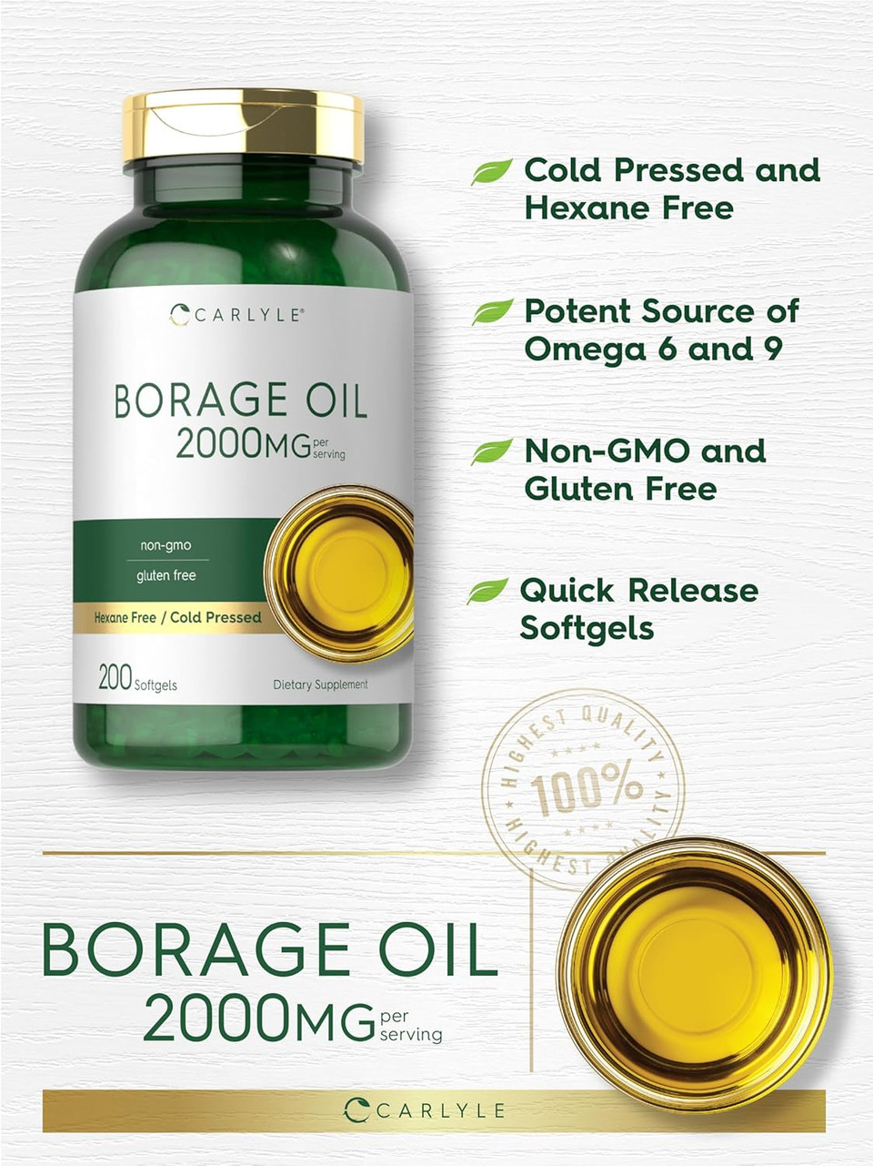 Carlyle Borage Oil Capsules | 2000Mg | 200 Softgels | 320Mg Of Gla | Cold Pressed Seed Oil Supplement | Hexane Free | Non-Gmo & Gluten Free