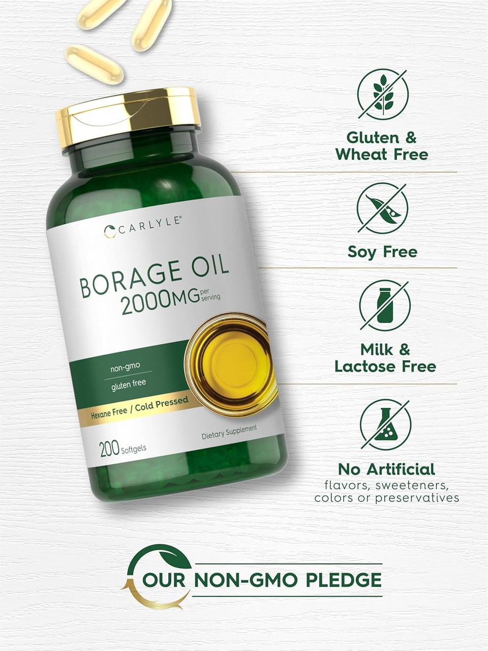 Carlyle Borage Oil Capsules | 2000Mg | 200 Softgels | 320Mg Of Gla | Cold Pressed Seed Oil Supplement | Hexane Free | Non-Gmo & Gluten Free