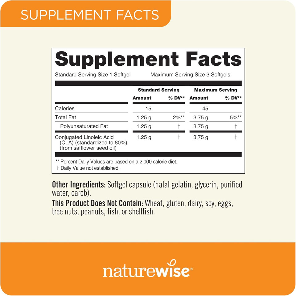 Naturewise Cla 1250 - Cla Supplement With Conjugated Linoleic Acid For Women And Men, Non-Stimulating Cla, Supports Healthy Weight, Fitness Goals - Non-Gmo, Gluten Free - 90 Softgels[1-Month Supply]