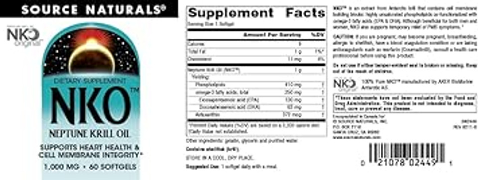 Source Naturals Nko Neptune Krill Oil, Supports Heart Health And Cell Membrane Integrity*, 1,000 Mg - 60 Softgels