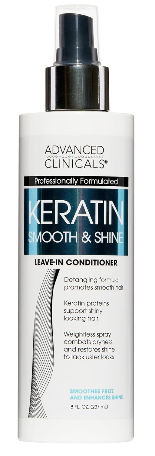 Advanced Clinicals Keratin Detangler Spray. Detangling Hair Spray For Strong, Shiny Hair. Lightweight, Leave-In Conditioner With Amino Acids, Vitamin B5, Olive Oil Softens And Nourishes Hair, 8 Fl Oz