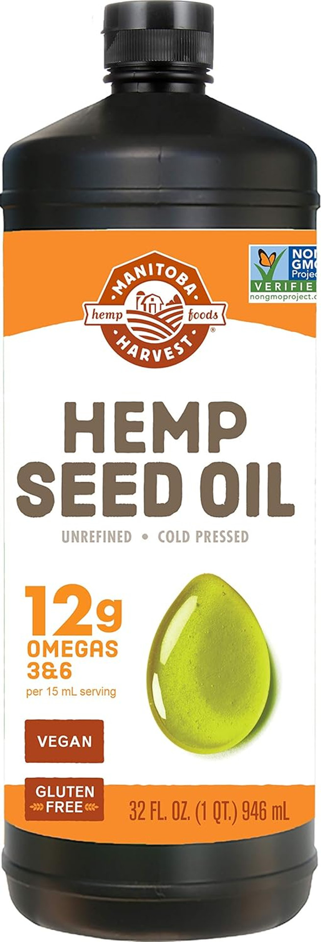 Manitoba Harvest Hemp Seed Oil  Cold Pressed, Premium Quality  12G Of Omegas 3 & 6 Per Serving  Hydrate & Nourish Skin - Non Gmo, Vegan, Gluten Free  Great For Cooking, Salad Dressings - 32 Fl Oz