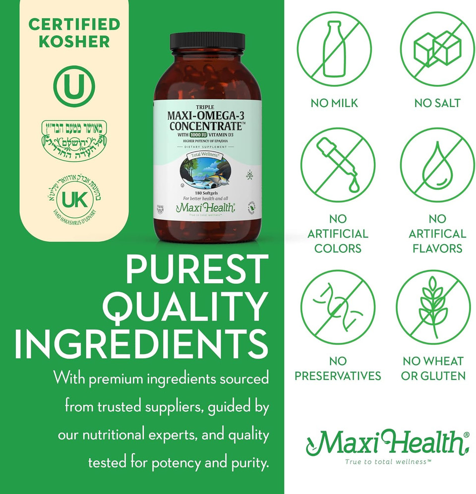 Maxi Health Triple Omega-3 Concentrate - Fish Oil - "1000 Iu" Vitamin D3 (190 Capsules)