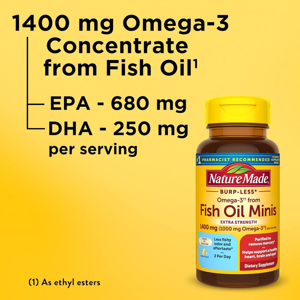Nature Made Extra Strength Burp Less Omega 3 Fish Oil 1400 Mg Minis, Fish Oil Supplements As Ethyl Esters For Healthy Heart, Brain And Eyes Support, Omega 3 Supplement, 60 Softgels, 30 Day Supply