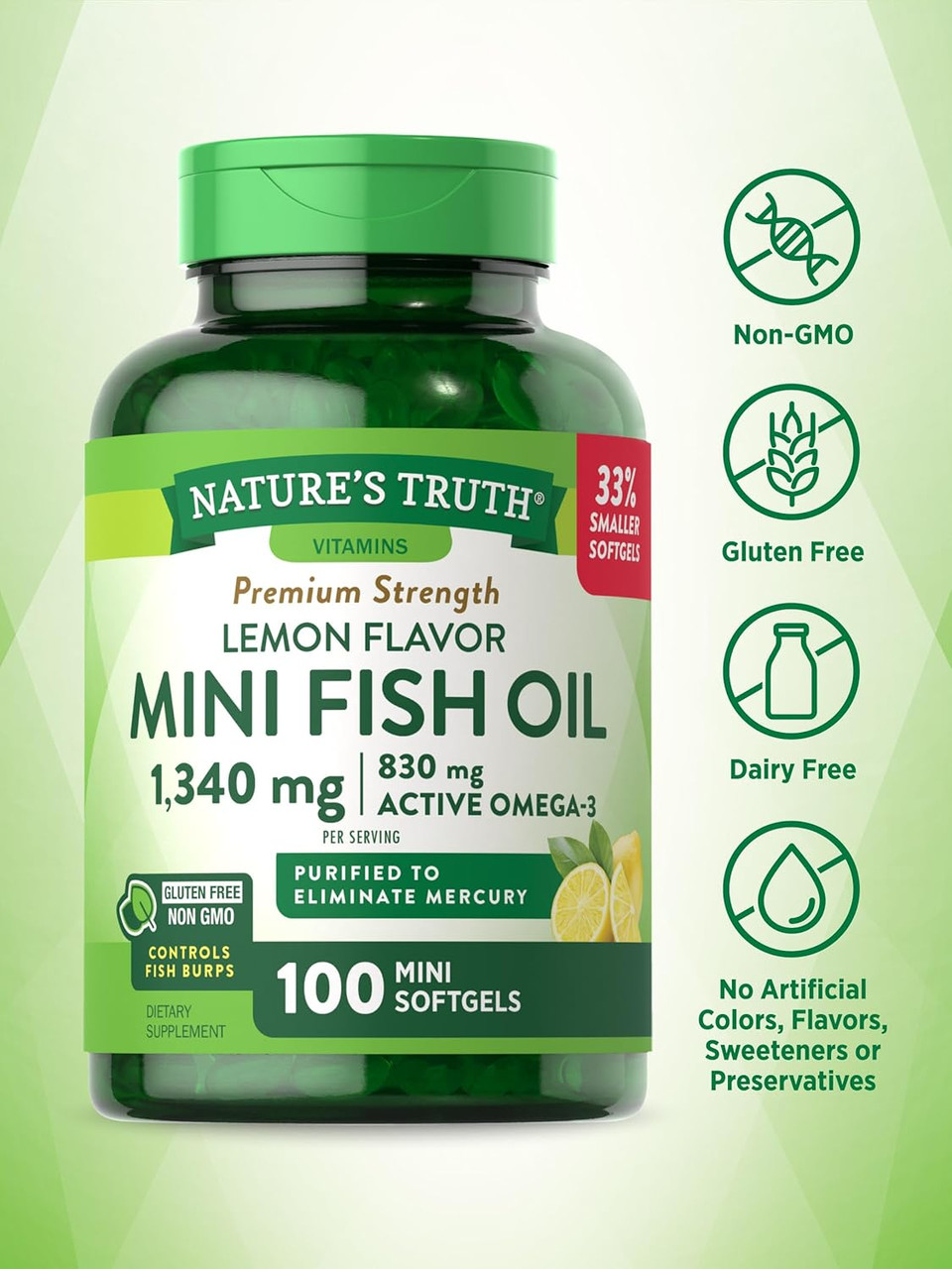 Mini Fish Oil Omega 3 | 1340 Mg | 100 Softgels | Burpless Lemon Flavor Pills | Non-Gmo & Gluten Free Supplement | By Nature'S Truth