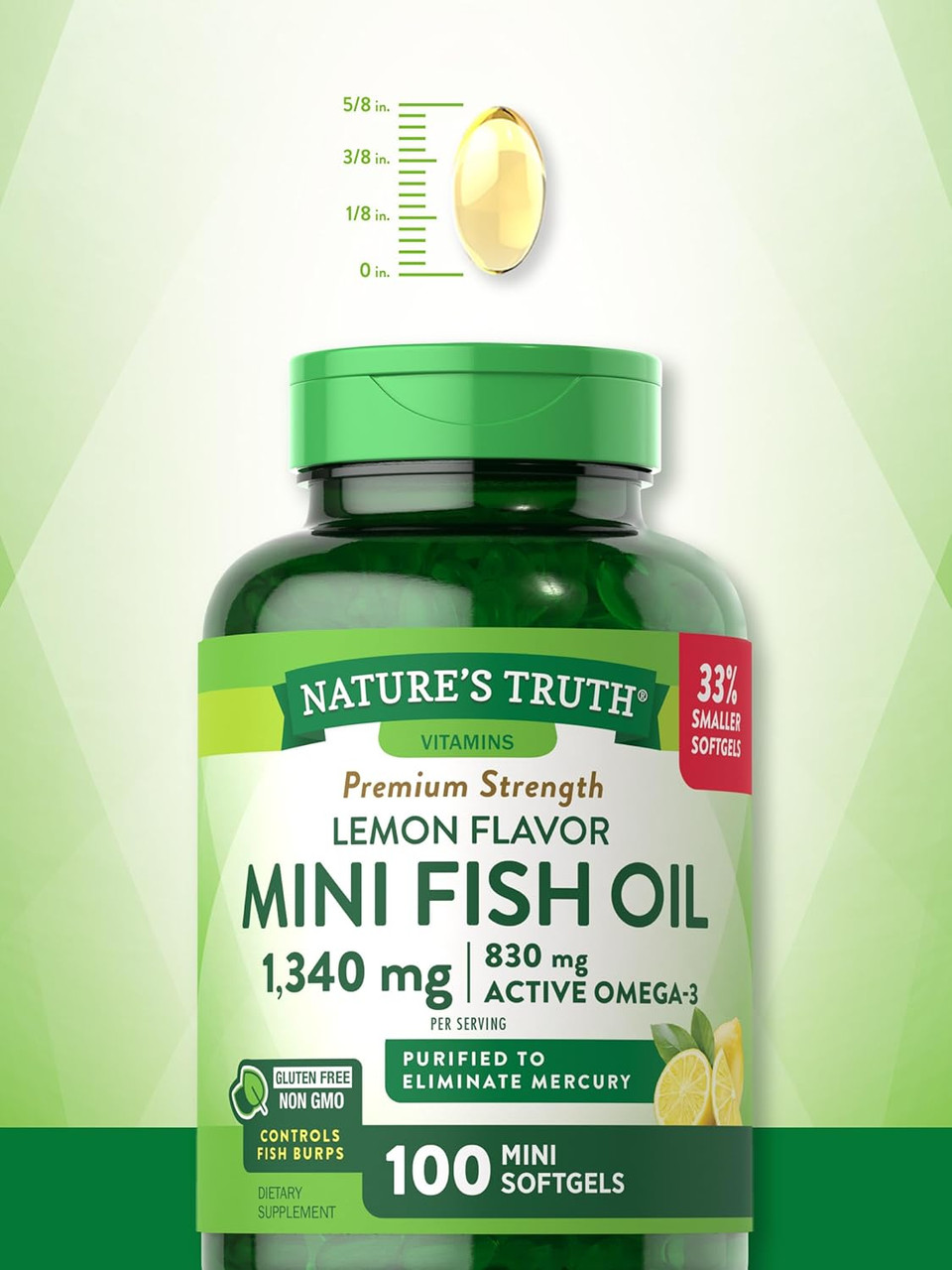 Mini Fish Oil Omega 3 | 1340 Mg | 100 Softgels | Burpless Lemon Flavor Pills | Non-Gmo & Gluten Free Supplement | By Nature'S Truth