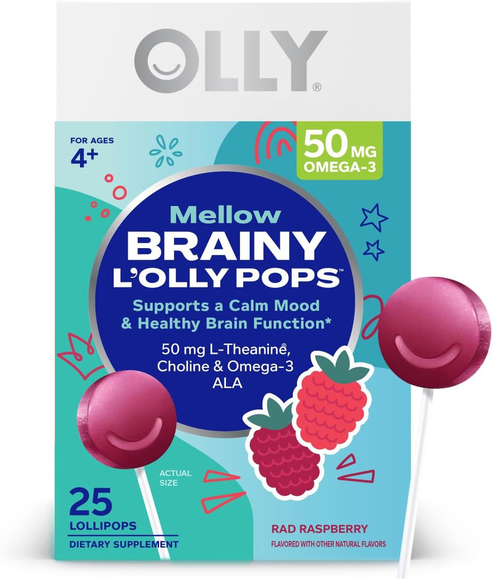 Olly Mellow Buddies Lã¢ÂOlly Pops, Omega-3 Ala, L-Theanine, Choline, Kids Supplement Lollipops, Supports A Calm Mood & Healthy Brain Function, Vegetarian, Raspberry, 25 Count