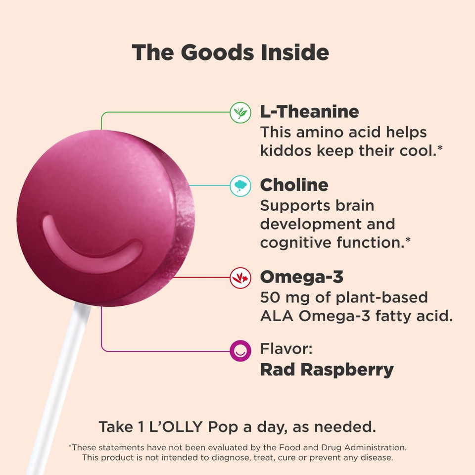 Olly Mellow Buddies Lã¢ÂOlly Pops, Omega-3 Ala, L-Theanine, Choline, Kids Supplement Lollipops, Supports A Calm Mood & Healthy Brain Function, Vegetarian, Raspberry, 25 Count