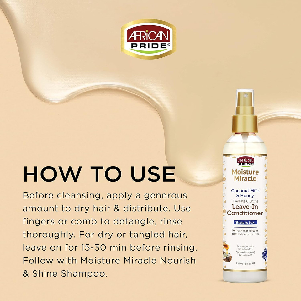 African Pride Moisture Miracle Coconut Milk & Honey Leave-In Conditioner - Refreshes & Softens Natural Coils & Curls, Hydrates & Shines Hair, 8 Oz