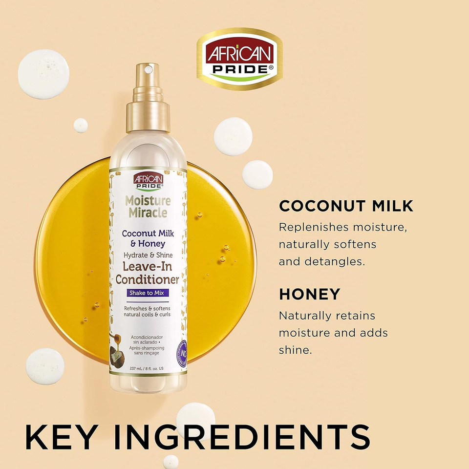 African Pride Moisture Miracle Coconut Milk & Honey Leave-In Conditioner - Refreshes & Softens Natural Coils & Curls, Hydrates & Shines Hair, 8 Oz