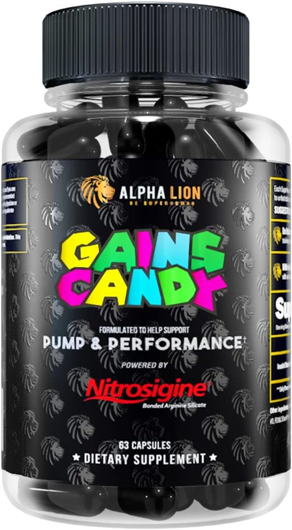 Alpha Lion Gains Candy, Supplement Pills For Muscle Pump & Blood Flow, Nitric Oxide Booster, Supports Mental Focus, Use Daily To Upgrade Workout Performance, 63 Capsules (Nitrosigine) Alpha Lion Gains Candy, Supplement Pills For Muscle Pump & Blood Flow, Nitric Oxide Booster, Supports Mental Focus, Use Daily To Upgrade Workout Performance, 63 Capsules (Nitrosigine)