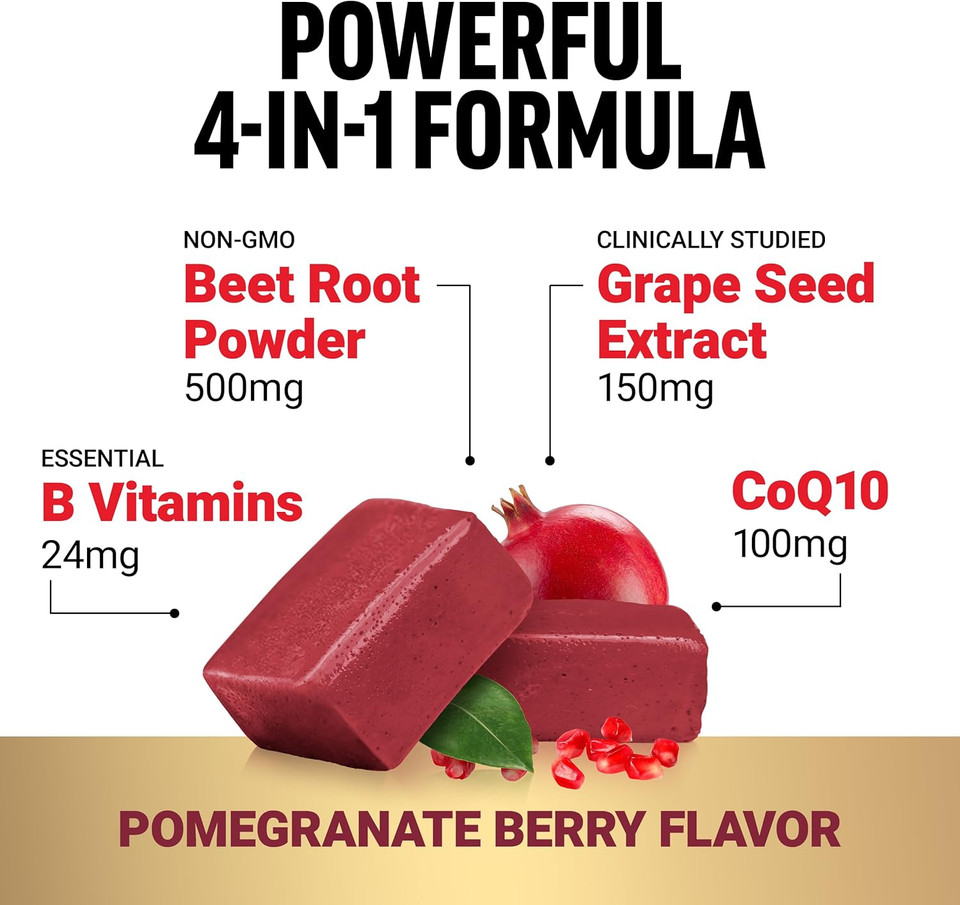 Force Factor Total Beets Ultimate Heart Health Blood Pressure Support Chews With Coq10, Beet Root Powder, Grape Seed Extract, Blood Pressure Supplement For Circulation & Blood Flow, 60 Soft Chews