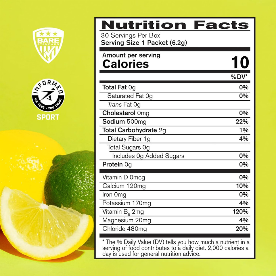 Bare Performance Nutrition, Bpn Electrolytes Go Packs, Hydration Drink Mix Powder Packets, Lemon Lime, 30 Servings