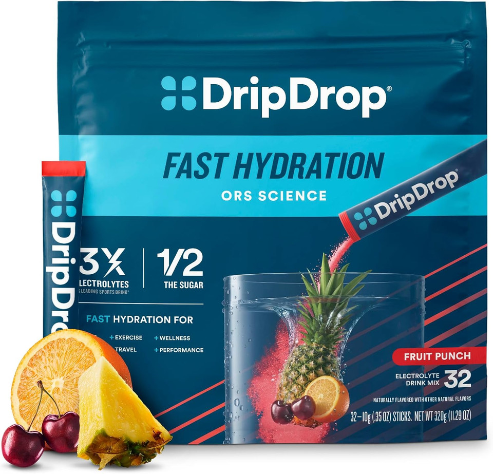 Dripdrop Hydration - Fruit Punch - Electrolyte Drink Mix Single Serve Hydration Powder Packets | Non-Gmo, Gluten Free, Vegan | 32 Sticks