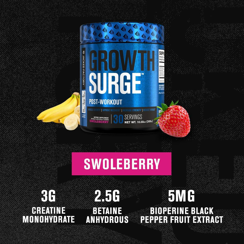 Jacked Factory Growth Surge Creatine Post Workout W/L-Carnitine - Daily Muscle Builder & Recovery Supplement With Creatine Monohydrate, Betaine, L-Carnitine L-Tartrate - 30 Servings, Swoleberry