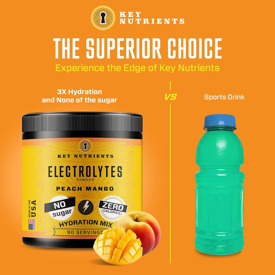 Key Nutrients Multivitamin Electrolytes Powder No Sugar - Tropical Peach Mango Electrolyte Powder - Endurance & Energy Supplement - Hydration Powder - No Calories - 90 Servings - Made In Usa