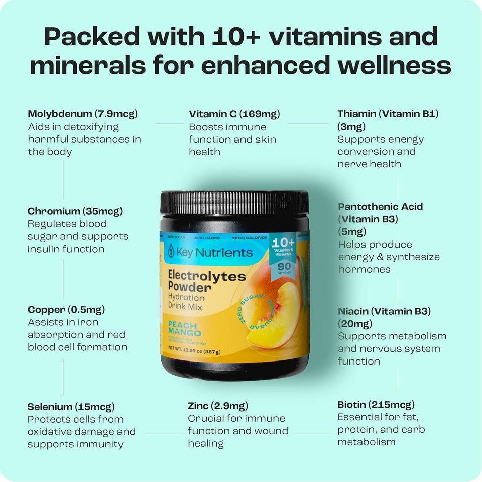 Key Nutrients Multivitamin Electrolytes Powder No Sugar - Tropical Peach Mango Electrolyte Powder - Endurance & Energy Supplement - Hydration Powder - No Calories - 90 Servings - Made In Usa