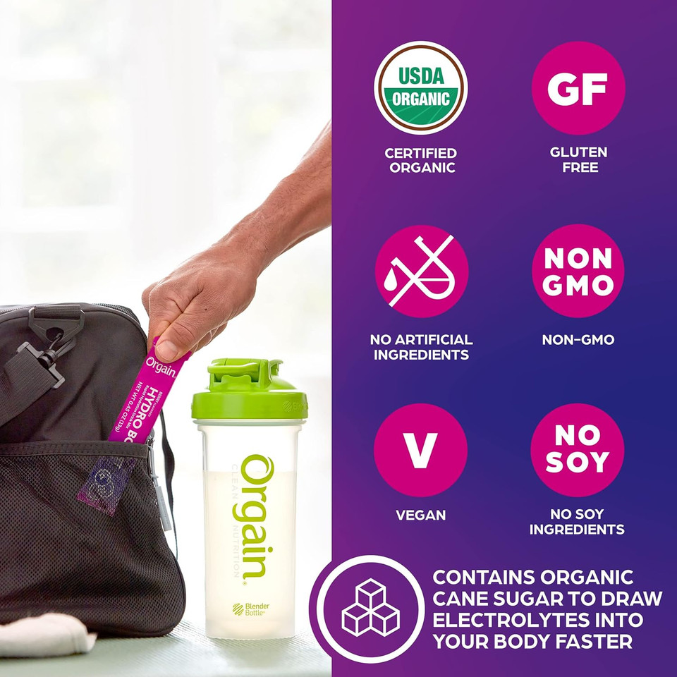Orgain Organic Hydration Packets, Electrolytes Powder - Berry Hydro Boost With Superfoods, Vegan, Gluten-Free, No Soy Ingredients, Non-Gmo, Less Sugar Than Sports Drinks, 8 Count