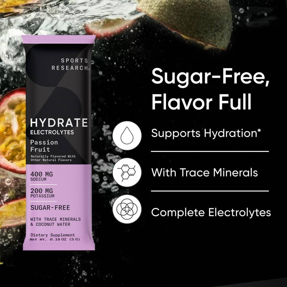 Sports Research Hydrate Electrolytes Powder Packets - Sugar-Free & Naturally Flavored With Vitamins, Minerals, And Coconut Water - Supports Hydration - 16 Packets - Passion Fruit