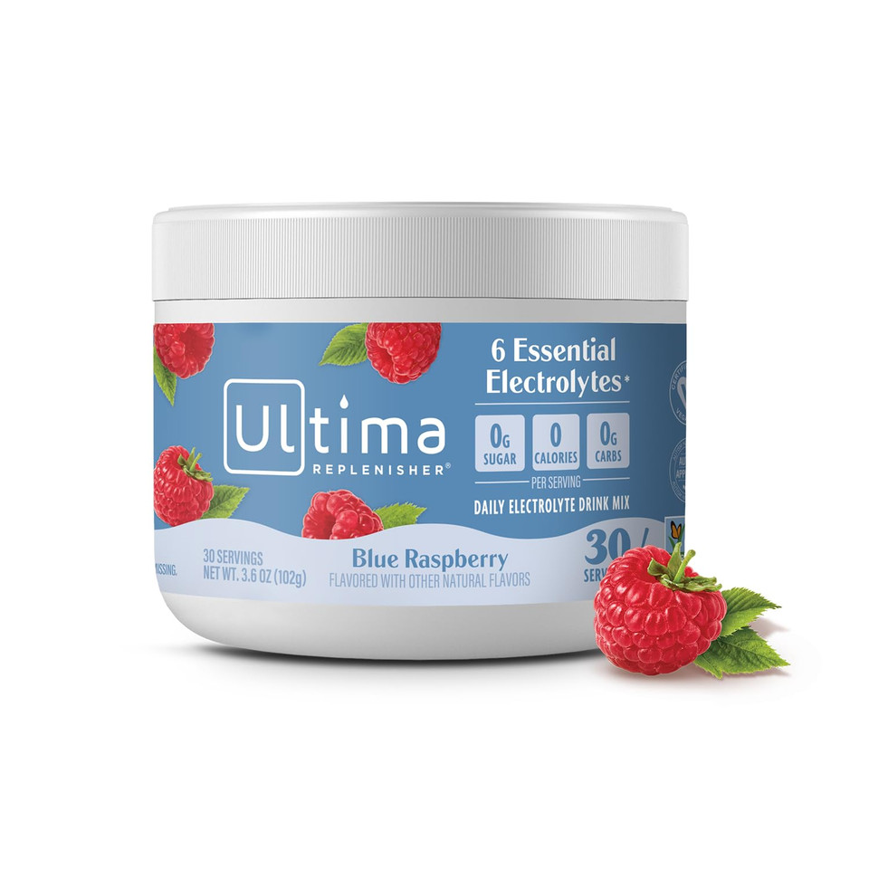 Ultima Replenisher Daily Electrolyte Drink Mix  Blue Raspberry, 30 Servings  Hydration Powder With 6 Electrolytes & Trace Minerals  Keto Friendly, Vegan, Non-Gmo & Sugar-Free Electrolyte Powder