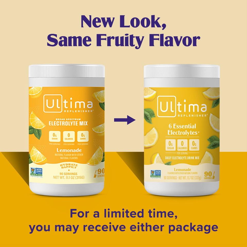 Ultima Replenisher Daily Electrolyte Drink Mix  Lemonade, 90 Servings  Hydration Powder With 6 Key Electrolytes & Trace Minerals  Keto Friendly, Vegan, Non-Gmo & Sugar-Free Electrolyte Powder
