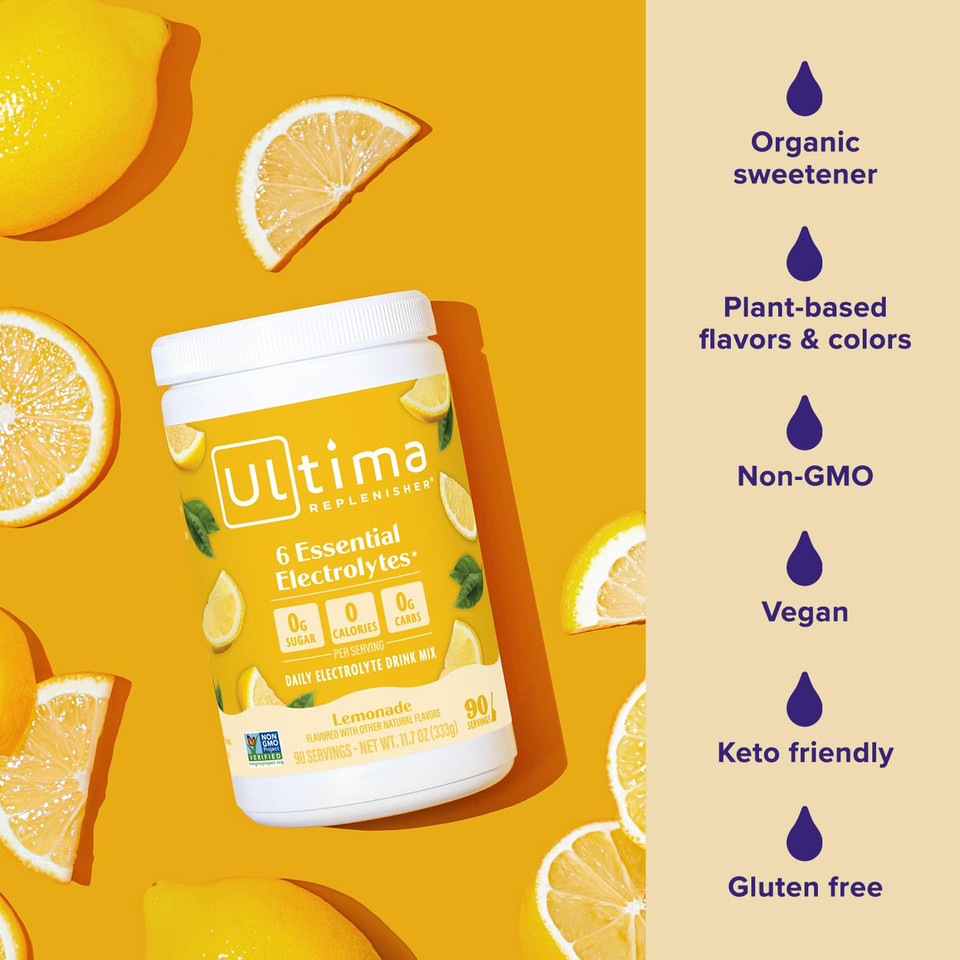Ultima Replenisher Daily Electrolyte Drink Mix  Lemonade, 90 Servings  Hydration Powder With 6 Key Electrolytes & Trace Minerals  Keto Friendly, Vegan, Non-Gmo & Sugar-Free Electrolyte Powder
