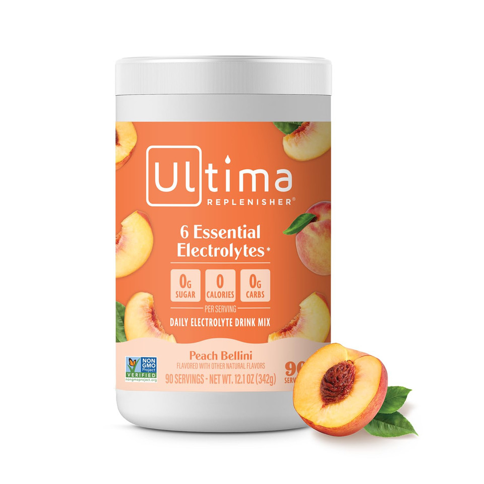 Ultima Replenisher Mocktini Electrolyte Drink Mix  Peach Bellini, 90 Servings  Hydration Powder With 6 Key Electrolytes & Trace Minerals  Keto Friendly, Non- Gmo & Sugar-Free Electrolyte Powder