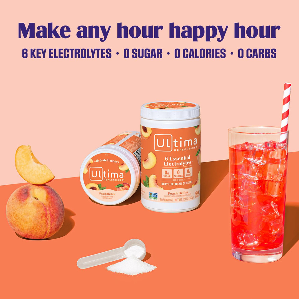 Ultima Replenisher Mocktini Electrolyte Drink Mix  Peach Bellini, 90 Servings  Hydration Powder With 6 Key Electrolytes & Trace Minerals  Keto Friendly, Non- Gmo & Sugar-Free Electrolyte Powder