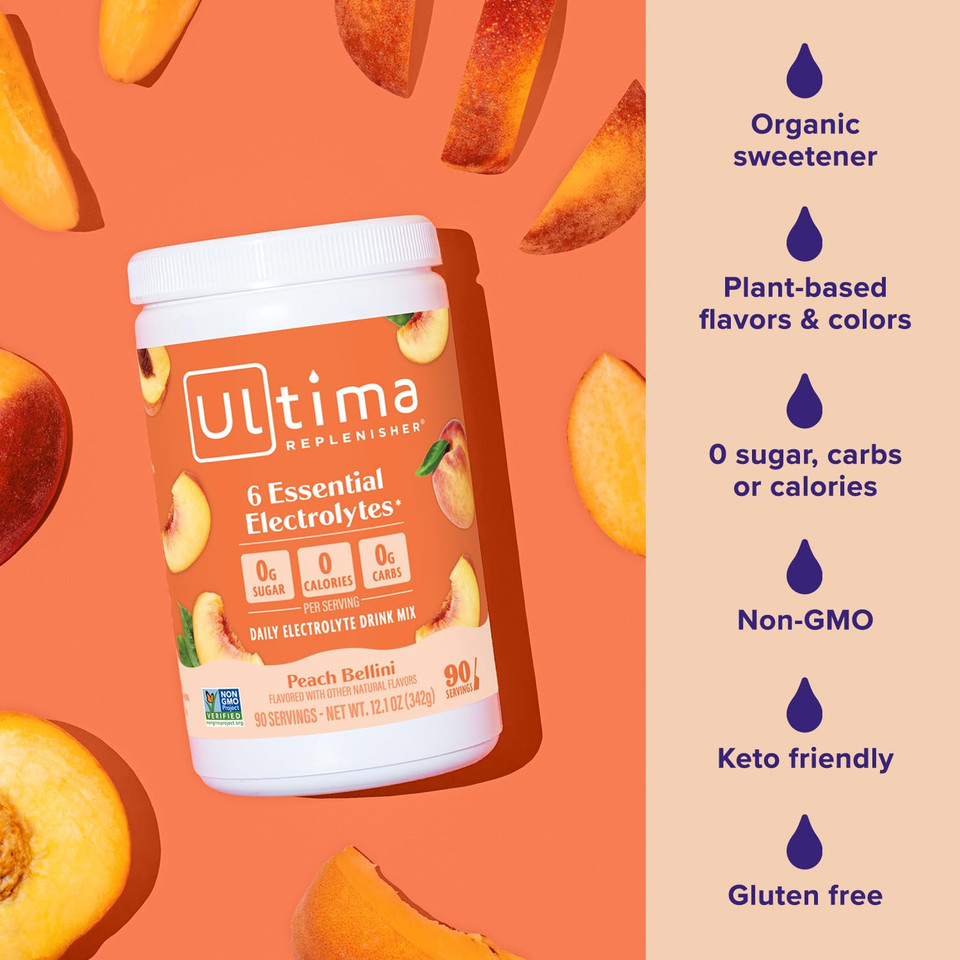 Ultima Replenisher Mocktini Electrolyte Drink Mix  Peach Bellini, 90 Servings  Hydration Powder With 6 Key Electrolytes & Trace Minerals  Keto Friendly, Non- Gmo & Sugar-Free Electrolyte Powder