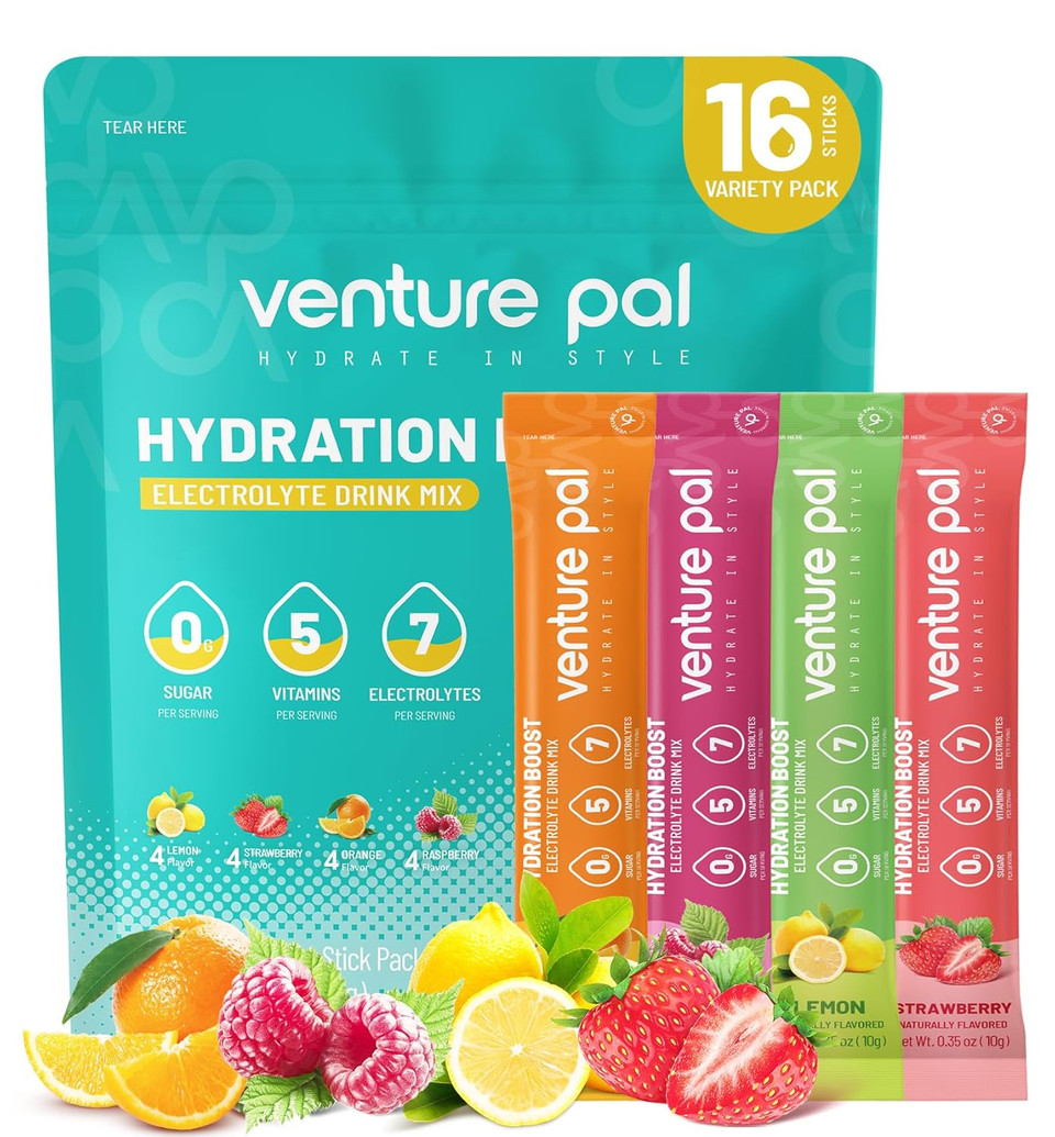 Venture Pal Sugar Free Electrolyte Powder Packets - Liquid Daily Iv Drink Mix For Rapid Hydration & Party Recovery | 5 Vitamins & 7 Electrolytes| Keto Friendly | Non-Gmo | Certified Vegan | 16 Sticks