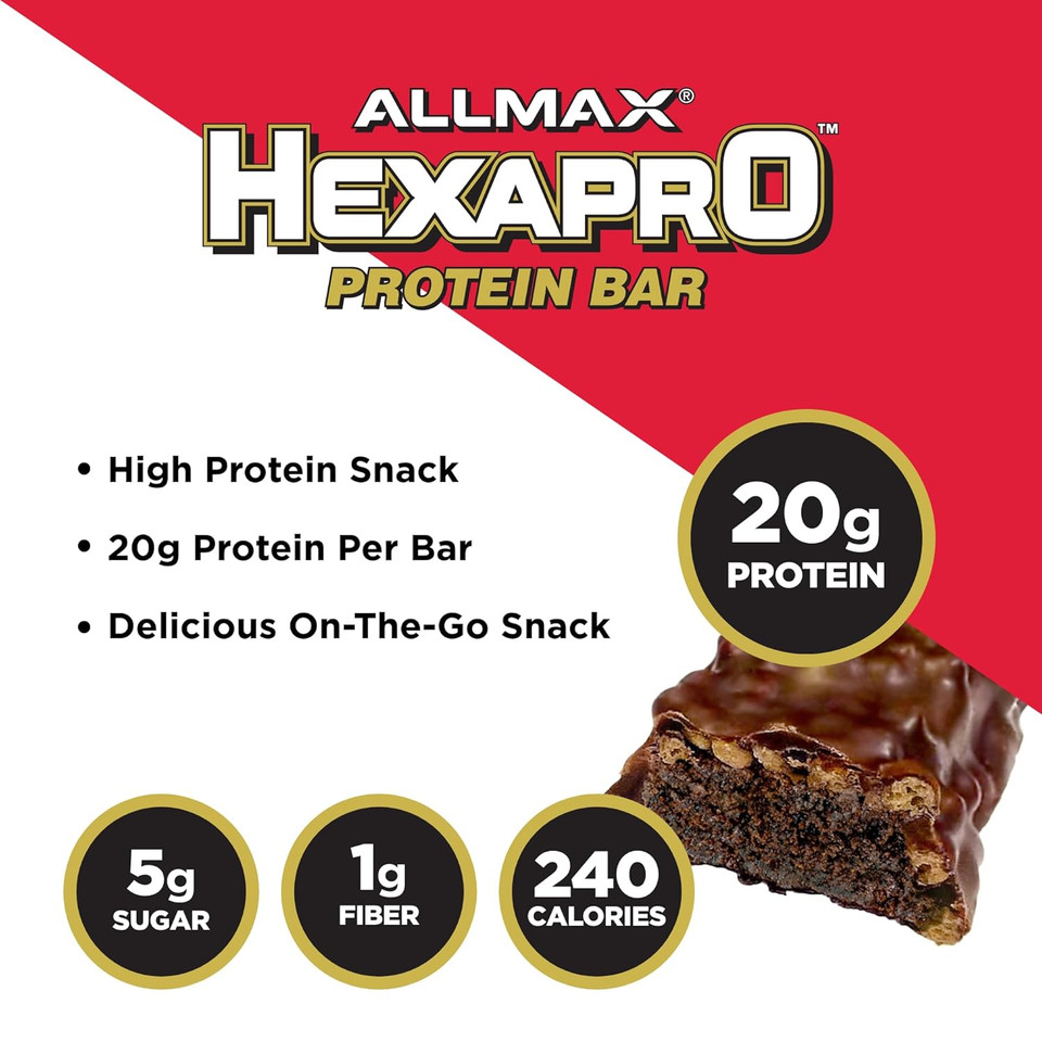 Allmax Hexapro Protein Bar, Chocolate Peanut Butter Cup - Pack Of 12 - High-Protein Energy Snack - 20 G Of Protein Per Bar - With Whey Protein Isolate