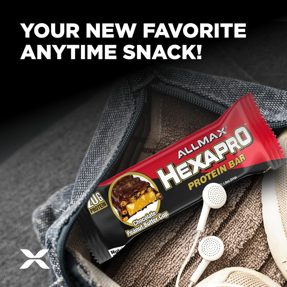 Allmax Hexapro Protein Bar, Chocolate Peanut Butter Cup - Pack Of 12 - High-Protein Energy Snack - 20 G Of Protein Per Bar - With Whey Protein Isolate