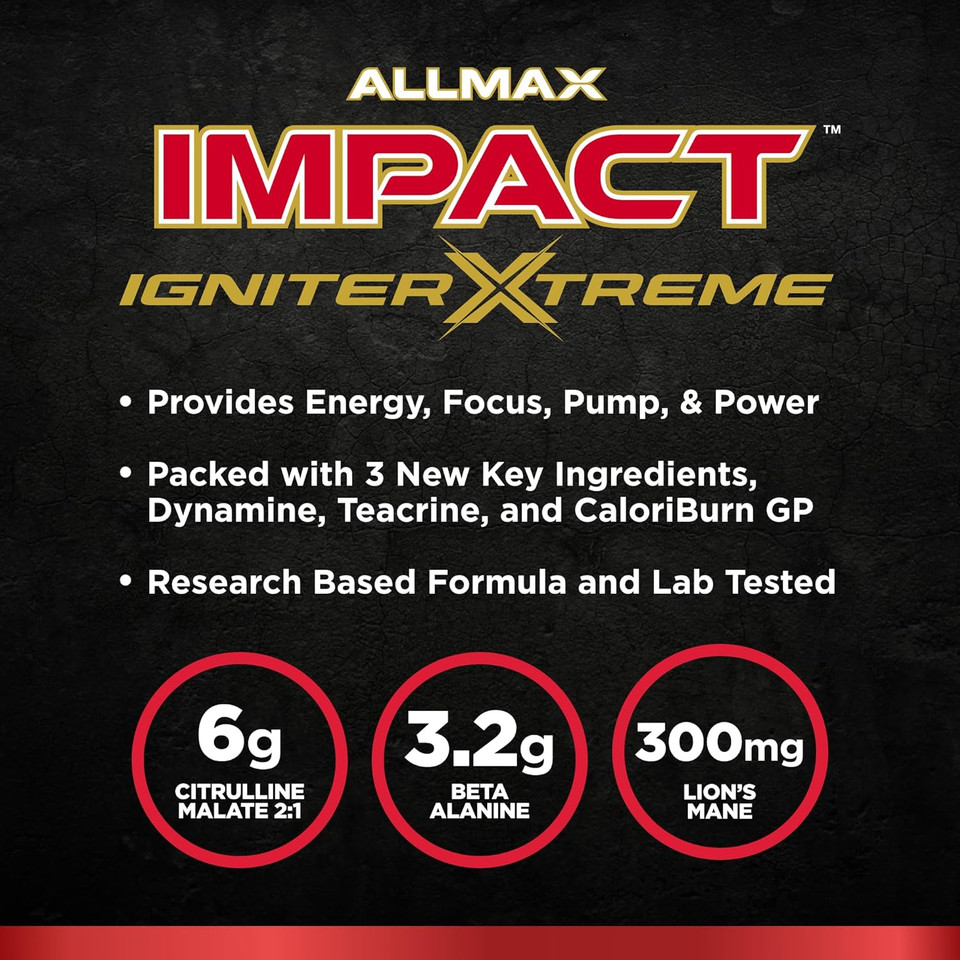 Allmax Nutrition - Impact Igniter Extreme Pre Workout Powder - With Citrulline Malate, Beta - Alanine, Caffeine, Taurine, And, Betaine Anhydrous (Blue Raspberry)