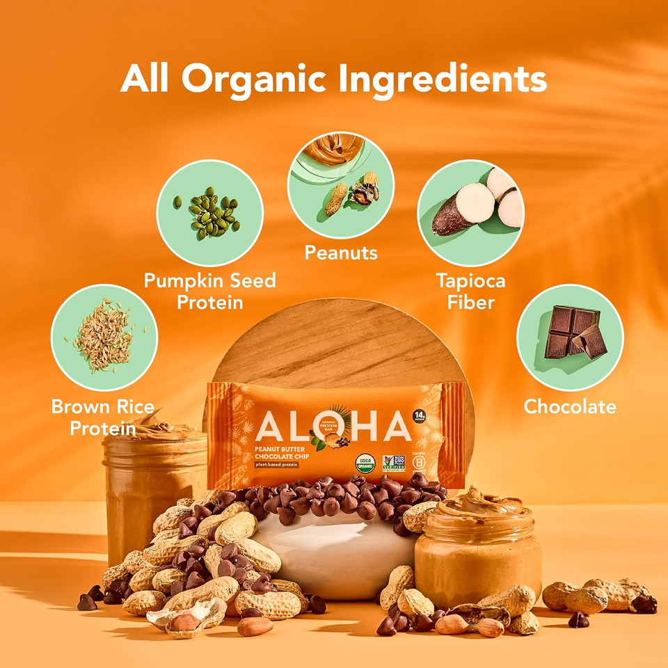 Aloha Organic Plant Based Protein Bars |Peanut Butter Chocolate Chip | 1.98 Oz (Pack Of 12) | Vegan, Low Sugar, Gluten Free, Paleo, Low Carb, Non-Gmo, Stevia Free, Soy Free, No Sugar Alcohols